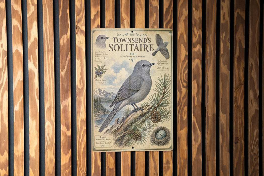 a vintage-style metal sign with a bird illustration, mounted on a wooden wall.