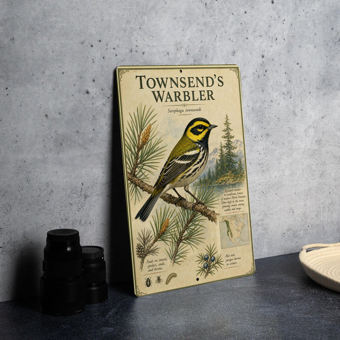 a metal sign with a bird illustration, placed on a table next to some black camera lenses.