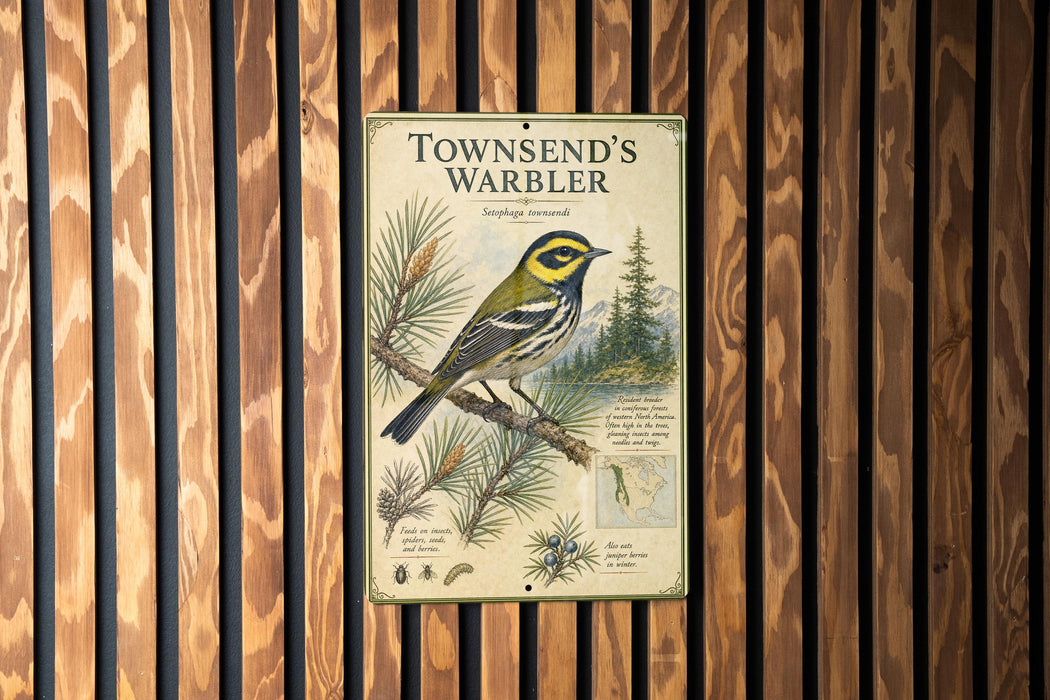 A metal sign with a bird illustration and text, mounted on a wooden wall.