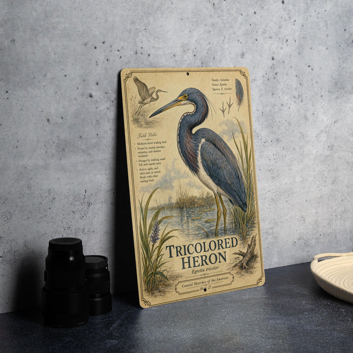 a metal sign with a detailed illustration of a tricolored heron, surrounded by various elements such as a bird, a birdhouse, and a bird feeder.