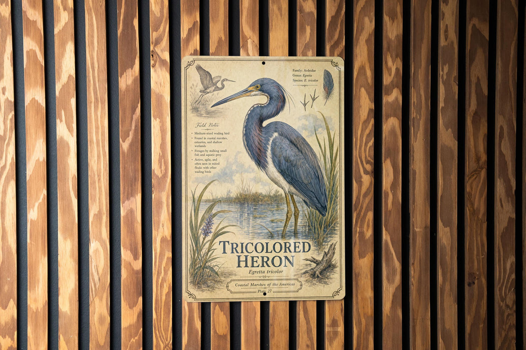 A metal sign with a detailed illustration of a blue heron, mounted on a wooden wall.