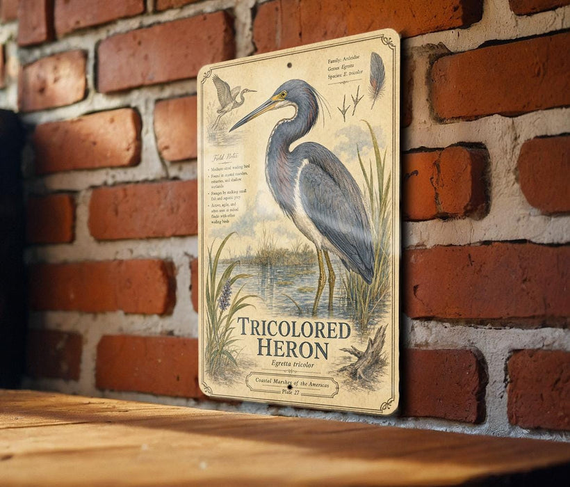 A metal sign with a drawing of a blue heron and text, mounted on a brick wall.