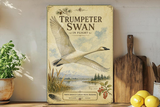 a vintage-style poster of a swan in flight, with a scenic landscape in the background.