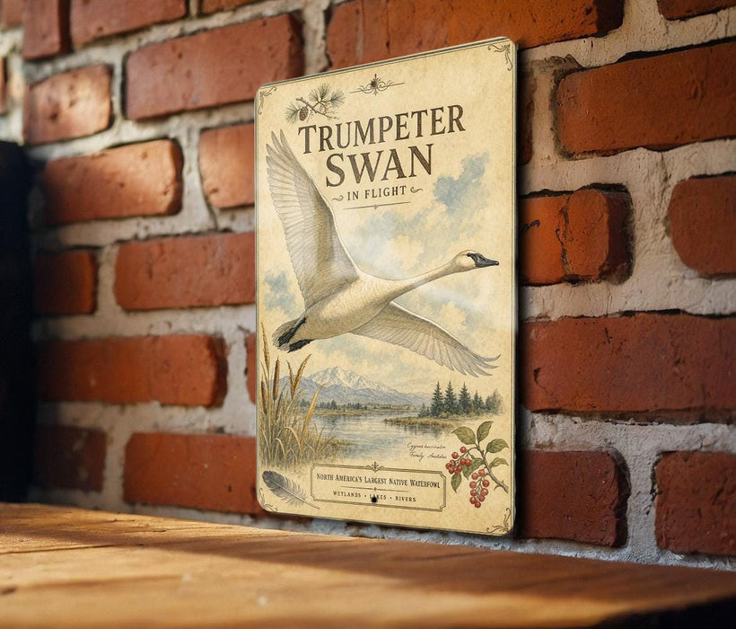 a vintage-style metal sign with a white swan illustration, mounted on a brick wall.