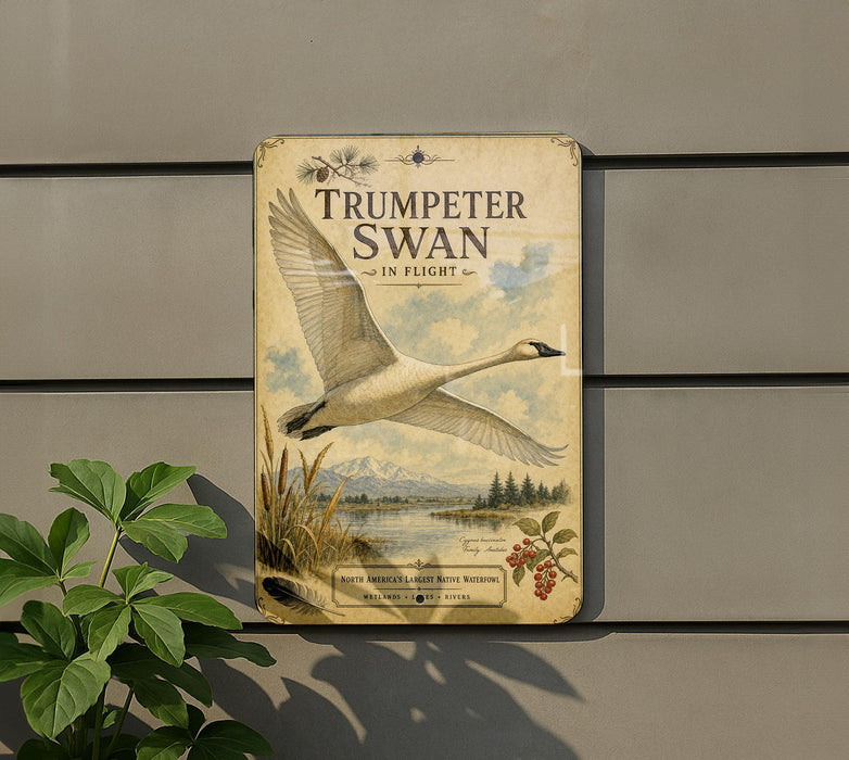 A vintage-style metal sign with a picture of a swan in flight, mounted on a wall.