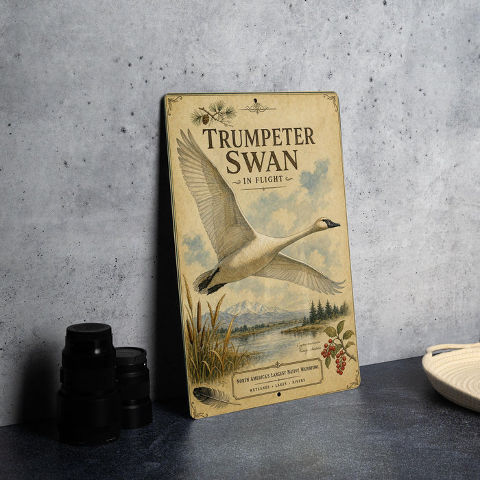 a vintage-style metal sign with a large illustration of a swan in flight, set against a natural landscape.