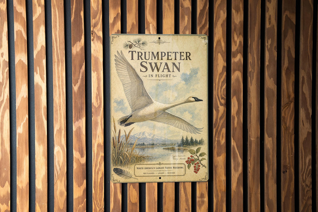 a poster of a swan in flight, mounted on a wooden wall.
