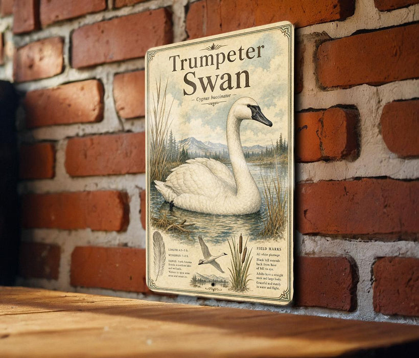 A metal sign with an illustration of a white swan on a brick wall, featuring text and a bird illustration.
