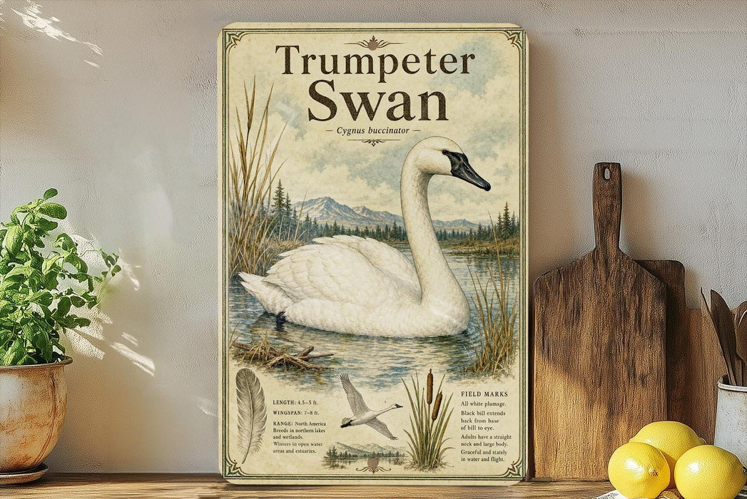 A framed illustration of a white swan is displayed on a shelf, with a wooden paddle and a potted plant to the left.
