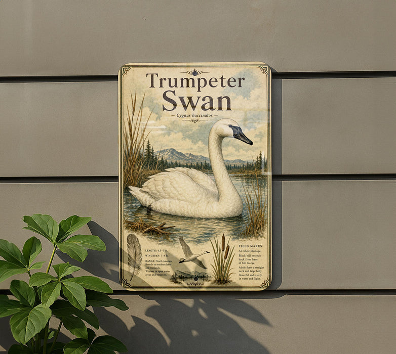 A metal sign with a picture of a swan and text about the trumpet swan, mounted on a wall next to a plant.