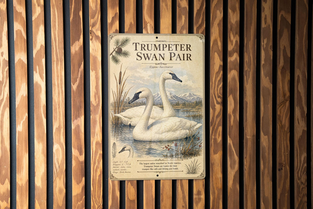 a sign for the "Trumpeter Swan Pair" located in the woods, with a wood fence in the background.