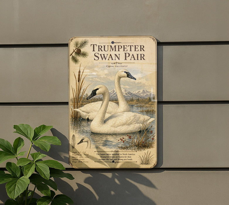 a metal plaque with a painting of two swans swimming in a pond, surrounded by reeds and mountains in the background.