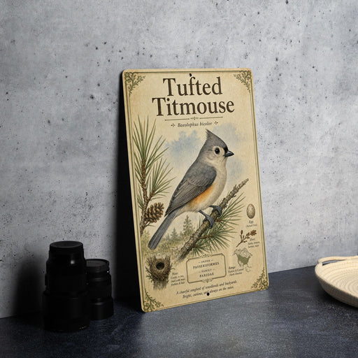 a vintage-style book cover for "Tufted Titmouse" with a detailed illustration of a bird perched on a branch.