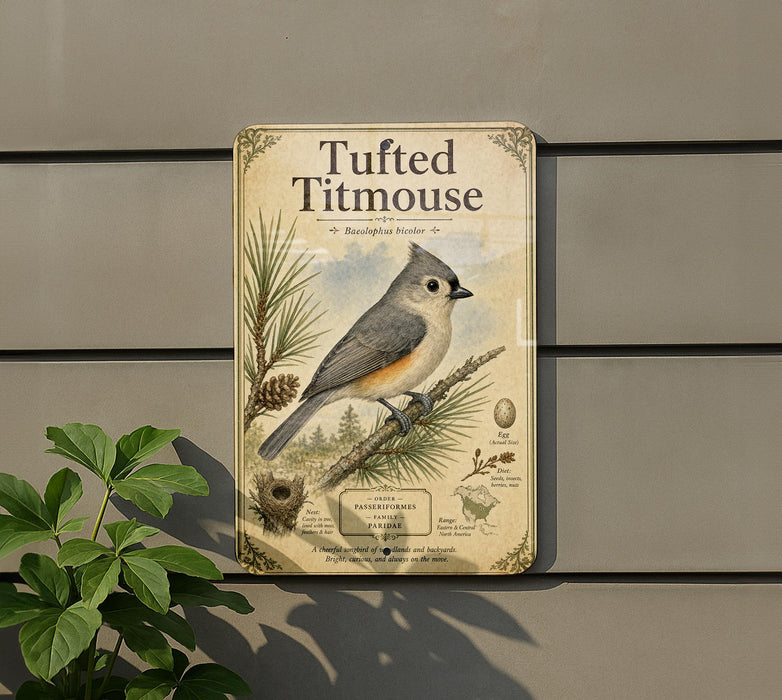 a vintage-style metal sign with a bird illustration, mounted on a wall next to a plant.