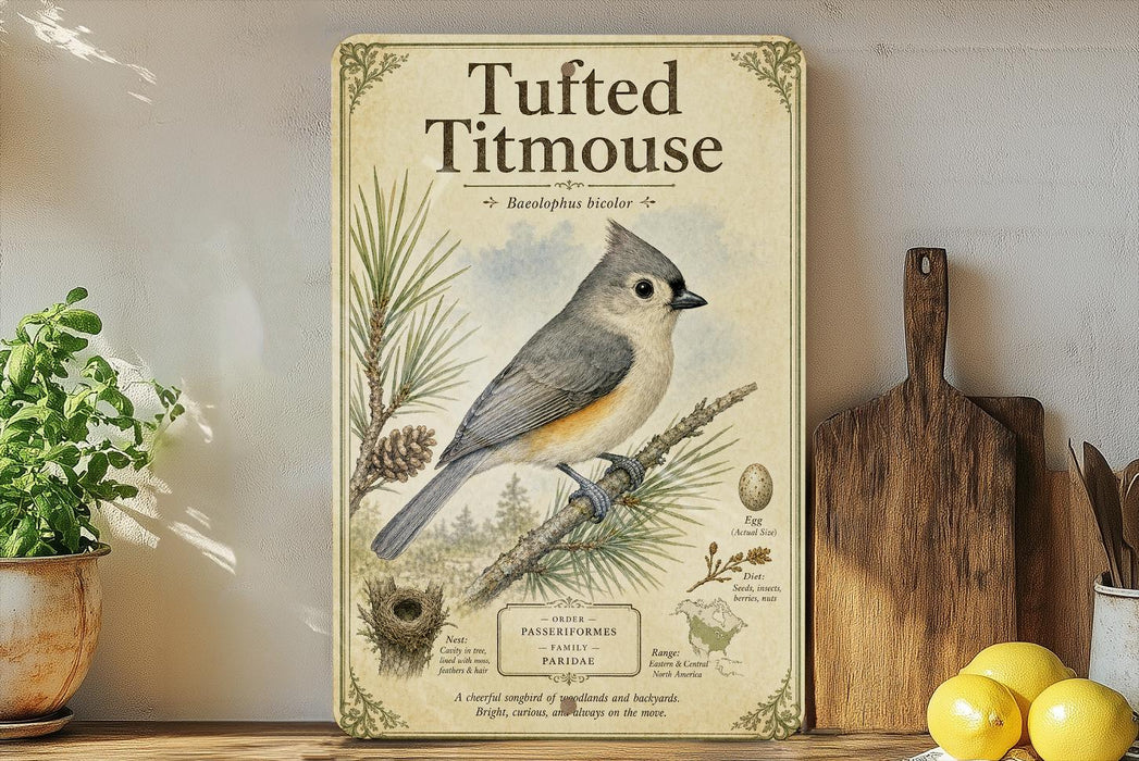 a wooden shelf with a framed illustration of a Titmouse perched on a branch, surrounded by pine cones and other natural elements. The shelf also displays a wooden cutting board, a potted plant, and a few lemons.