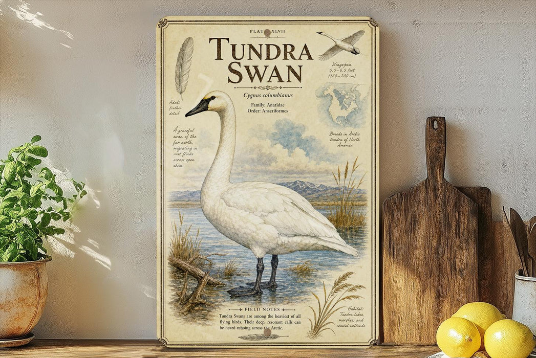 a poster of a white swan with various illustrations and text, including a map and a list of characteristics, displayed on a wall next to a wooden cutting board and some potted plants.