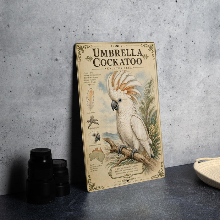 A metal sign with an illustration of a white cockatoo, featuring text and various bird illustrations, is displayed on a table.