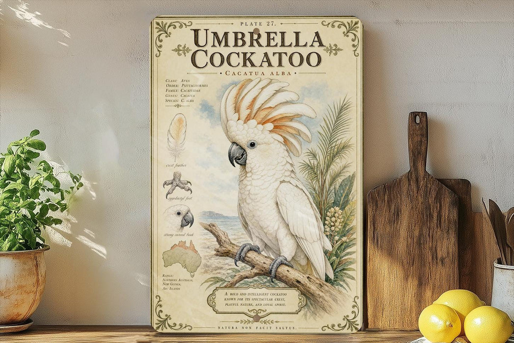 a vintage-style illustration of an umbrella cockatoo, a large white bird with a distinctive crest, perched on a branch. The illustration is accompanied by text that provides information about the bird, including its species, habitat, and native range. The image is displayed on a wooden shelf, with a potted plant and a wooden cutting board visible in the background.