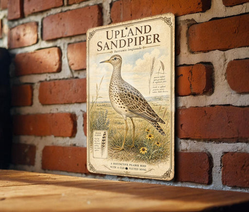 a vintage-style illustration of a bird, specifically the upland sandpiper, standing in a grassy field with flowers.