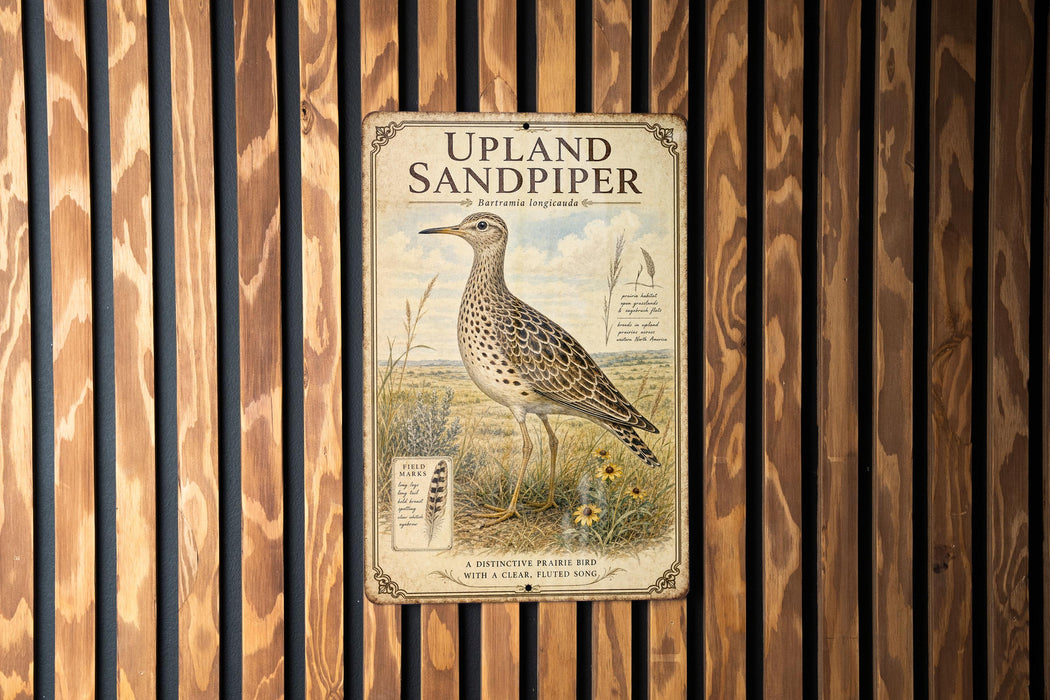 A vintage-style metal sign with an illustration of a bird, mounted on a wooden wall.