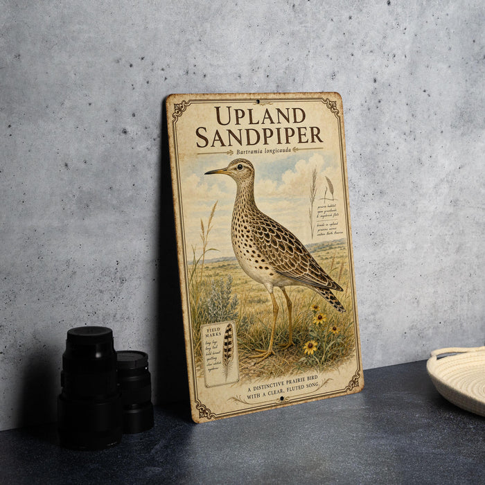 A vintage-style sign for the upland sandpiper, featuring an illustration of the bird in a grassy field.