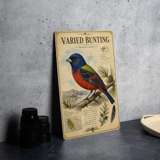 a vintage-style illustration of a colorful bird, likely a species of bird of prey, perched on a branch. The bird is depicted in a detailed and realistic manner, with its vibrant colors and intricate features. The illustration is set against a backdrop of a natural landscape, which adds to the overall aesthetic of the image.