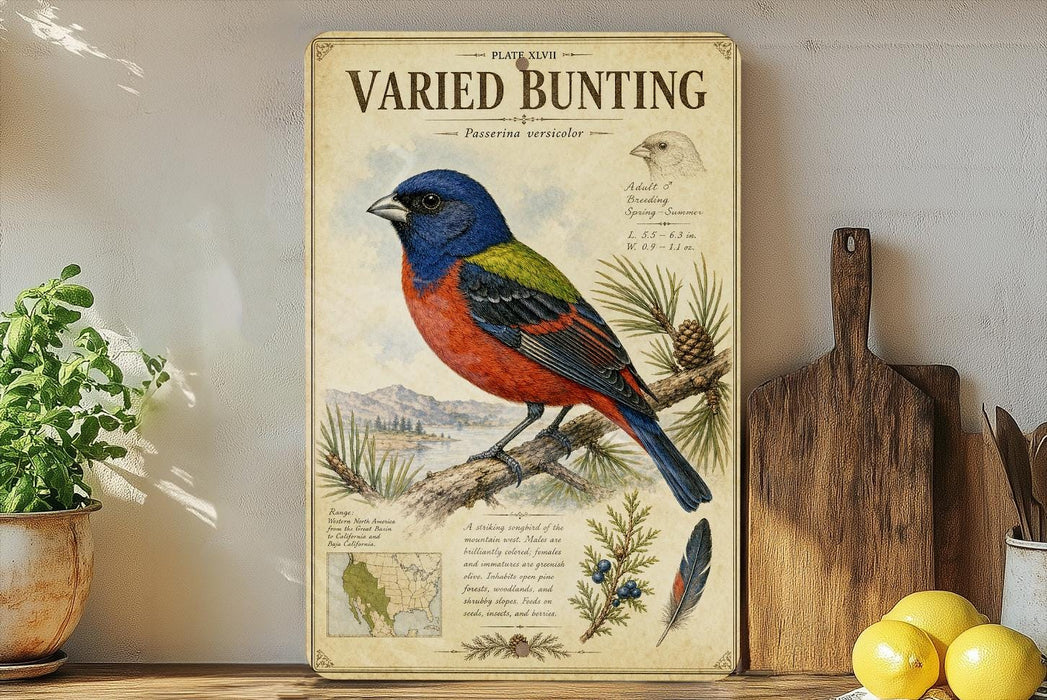 a vintage-style metal sign with a colorful illustration of a bird perched on a branch, surrounded by various botanical elements.