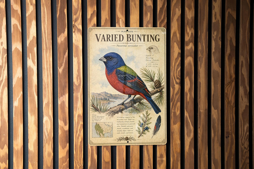 a vintage-style metal plaque with a colorful illustration of a bird perched on a branch, surrounded by various botanical illustrations.