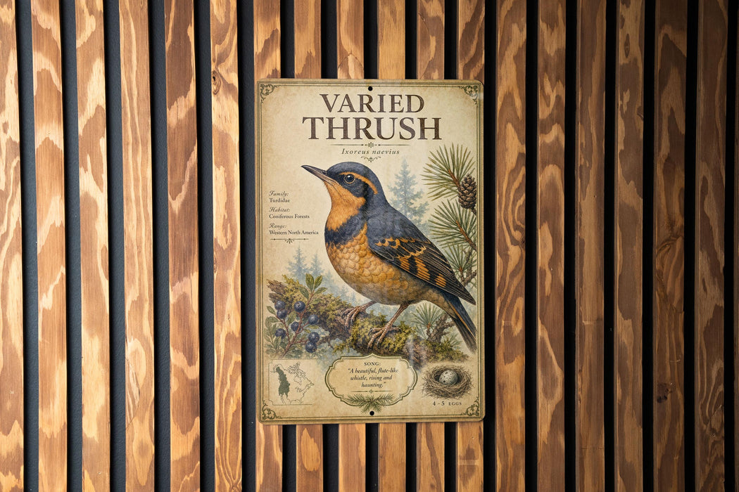 a vintage-style poster of a bird, likely a thrush, mounted on a wooden wall.