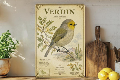 a vintage-style poster of a Verdin bird, which is a small, yellow and gray bird with a distinctive crest, perched on a branch. The poster is displayed on a shelf next to a wooden cutting board and a potted plant.