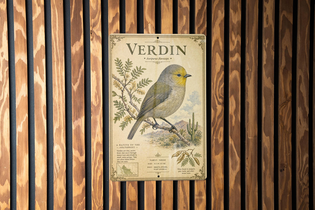 A vintage-style metal sign with a detailed illustration of a bird, likely a verdin, perched on a branch.
