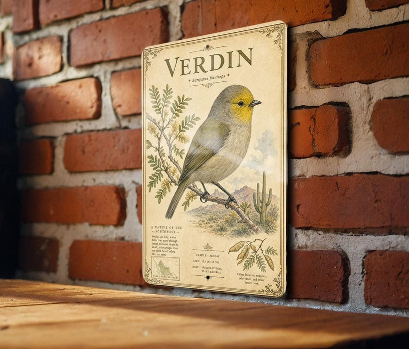 A vintage-style metal sign with a detailed illustration of a small bird, likely a Verdin, perched on a branch against a brick wall.