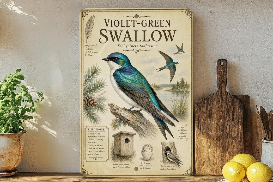 a vintage-style illustration of a violet-green swallow perched on a branch, accompanied by various bird-related illustrations and text.