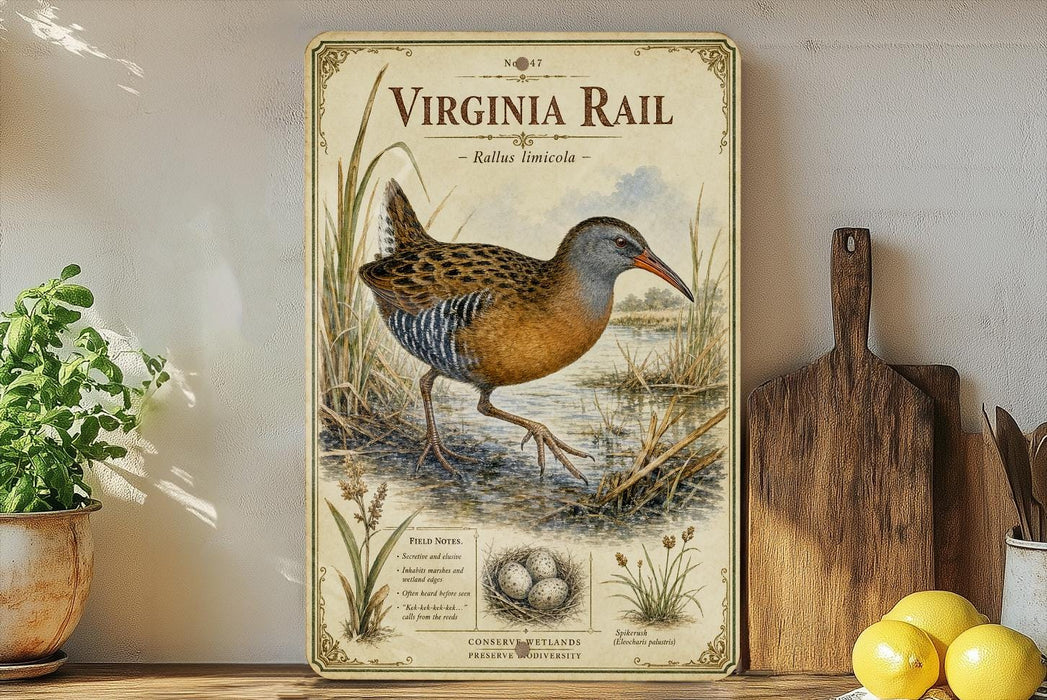 a vintage-style illustration of a Virginia rail, a type of wading bird, standing on a grassy area with a bird's nest nearby. The illustration is accompanied by text that provides information about the bird, including its field notes and conservation status.