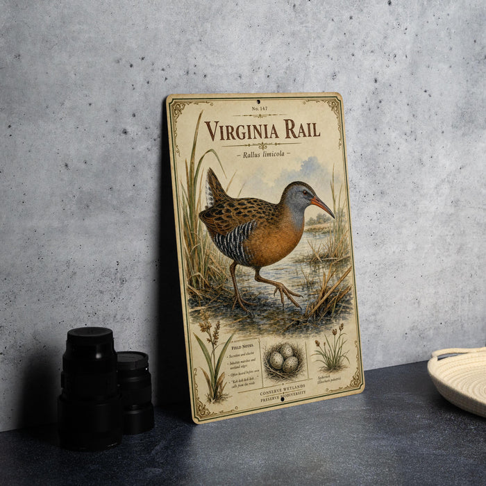 a vintage-style metal sign with a bird illustration, placed on a table next to some black camera lenses.