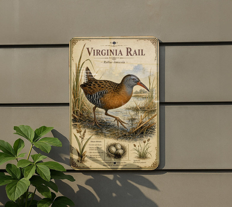 a vintage-style metal sign with a bird illustration, mounted on a wall next to a plant.