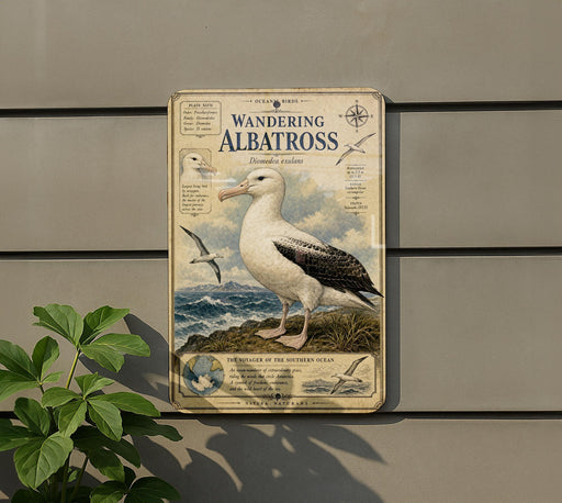 a vintage-style metal sign with an illustration of a seagull, mounted on a wall.