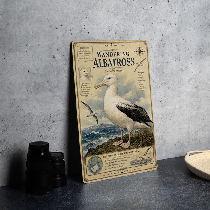 a vintage-style poster or book cover for "Wandering Albatross" with a detailed illustration of a seagull standing on a rocky cliff overlooking the ocean.