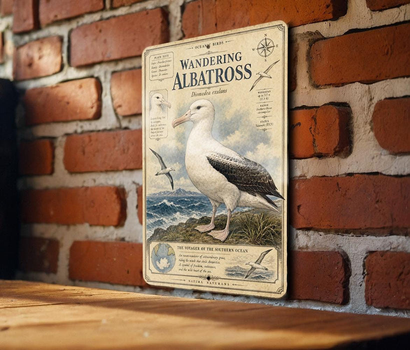 a vintage-style metal sign with a detailed illustration of a seagull, mounted on a brick wall.