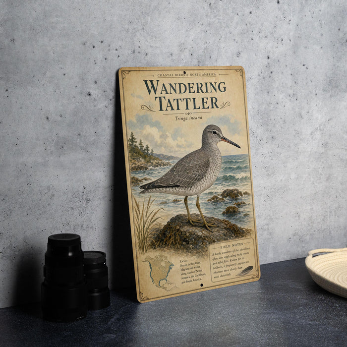 a vintage-style metal sign with a bird illustration, placed on a countertop next to some black camera lenses.