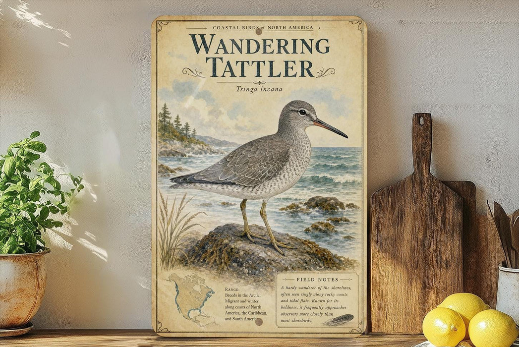 A vintage-style field guide to the wandering tatterler, featuring a detailed illustration of the bird on a rock with a coastal landscape in the background.