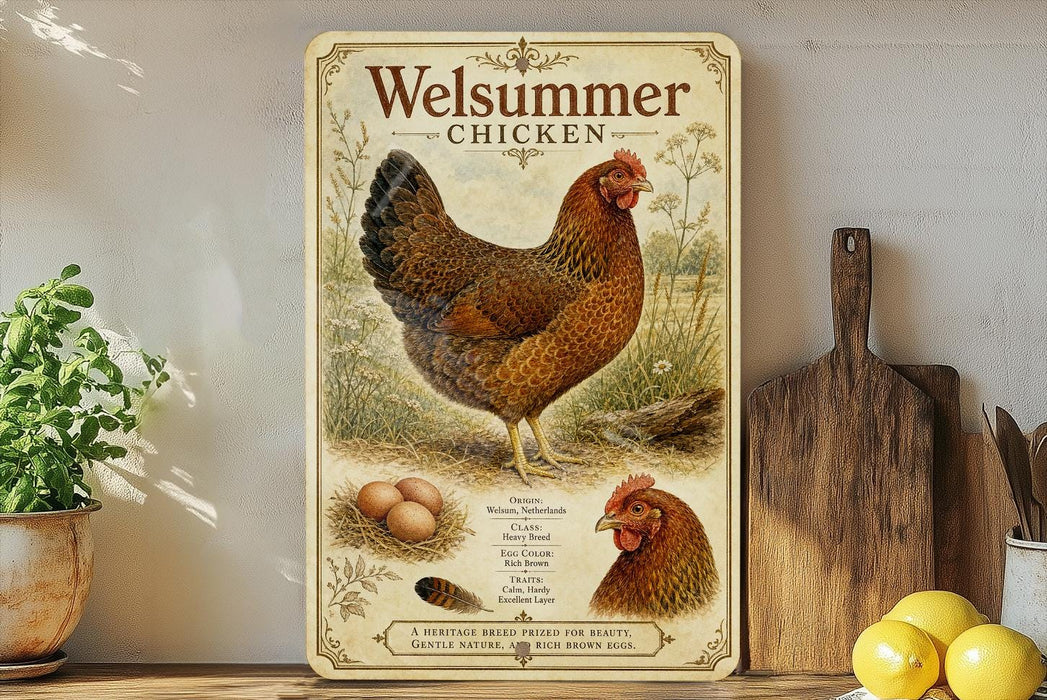 A vintage-style poster of a chicken, featuring a large illustration of a chicken standing on a nest with eggs, surrounded by a pastoral scene.