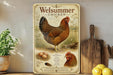 A vintage-style poster of a chicken, featuring a large illustration of a chicken standing on a nest with eggs, surrounded by a pastoral scene.