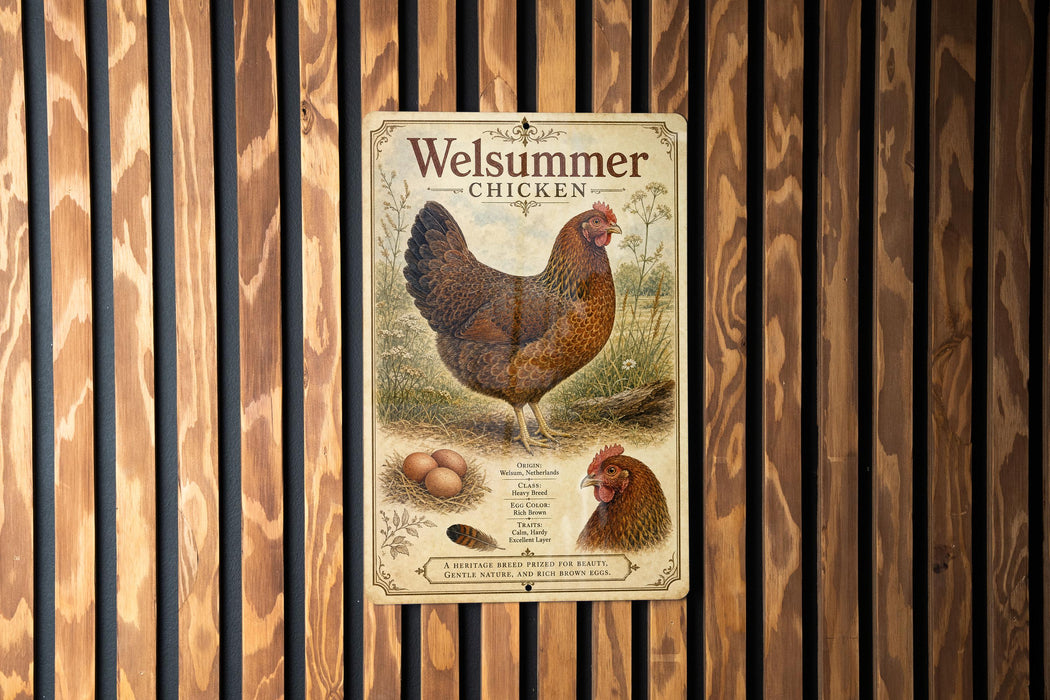 A vintage-style metal sign with an illustration of a chicken and text, mounted on a wooden wall.