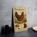A vintage-style metal sign featuring an illustration of a chicken, with text describing the chicken and its breed.