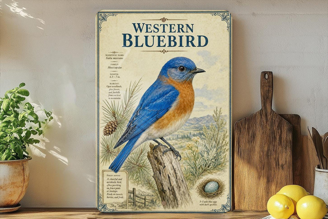 a framed illustration of a bluebird perched on a tree stump, surrounded by pine cones and other natural elements.