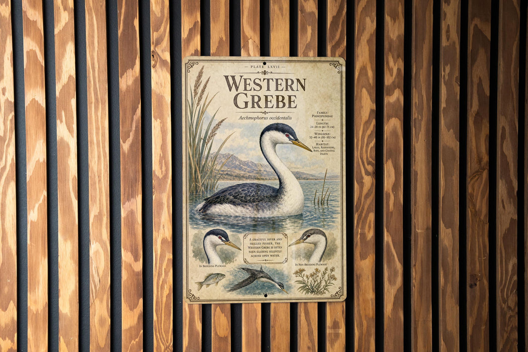 a vintage-style metal sign with illustrations of birds, including a large bird with a long neck and a smaller bird, set against a wooden background.
