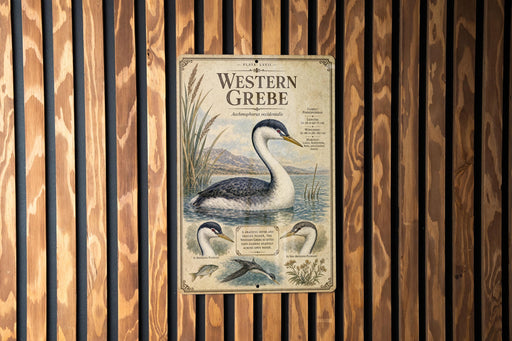 a vintage-style metal sign with illustrations of birds, including a large bird with a long neck and a smaller bird, set against a wooden background.