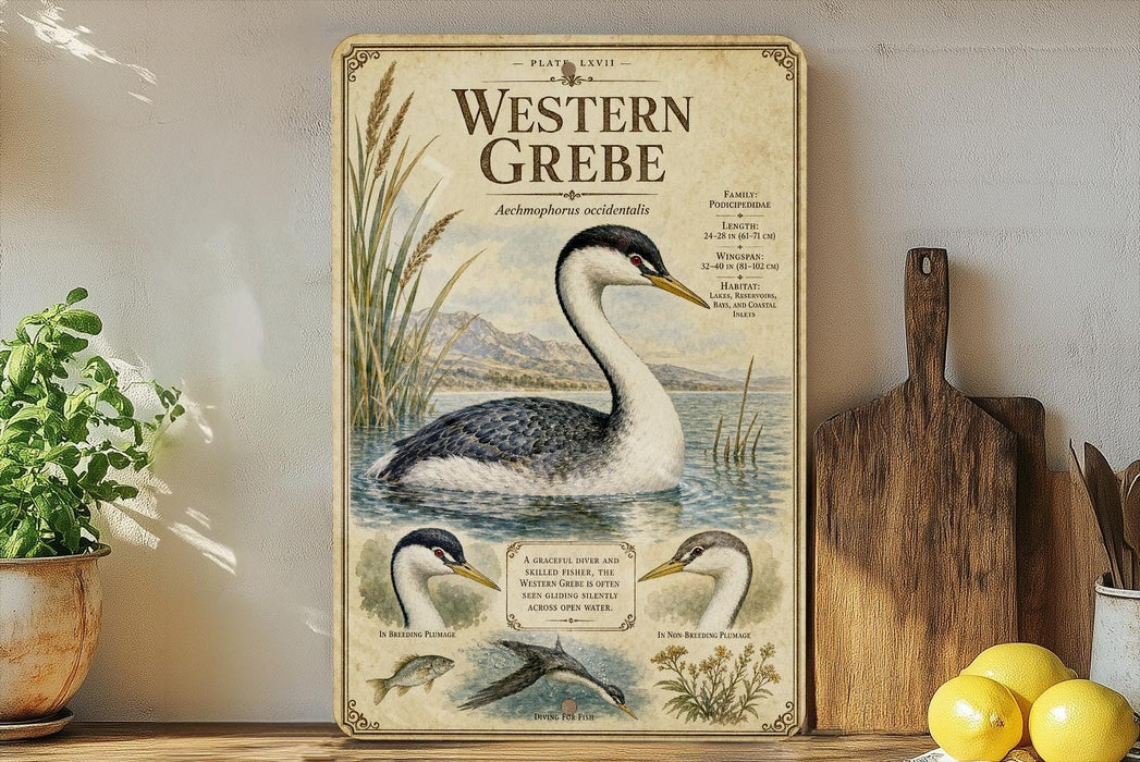 a vintage-style poster of a Western Grebe, a type of water bird, displayed on a shelf next to a wooden cutting board and some kitchen utensils.