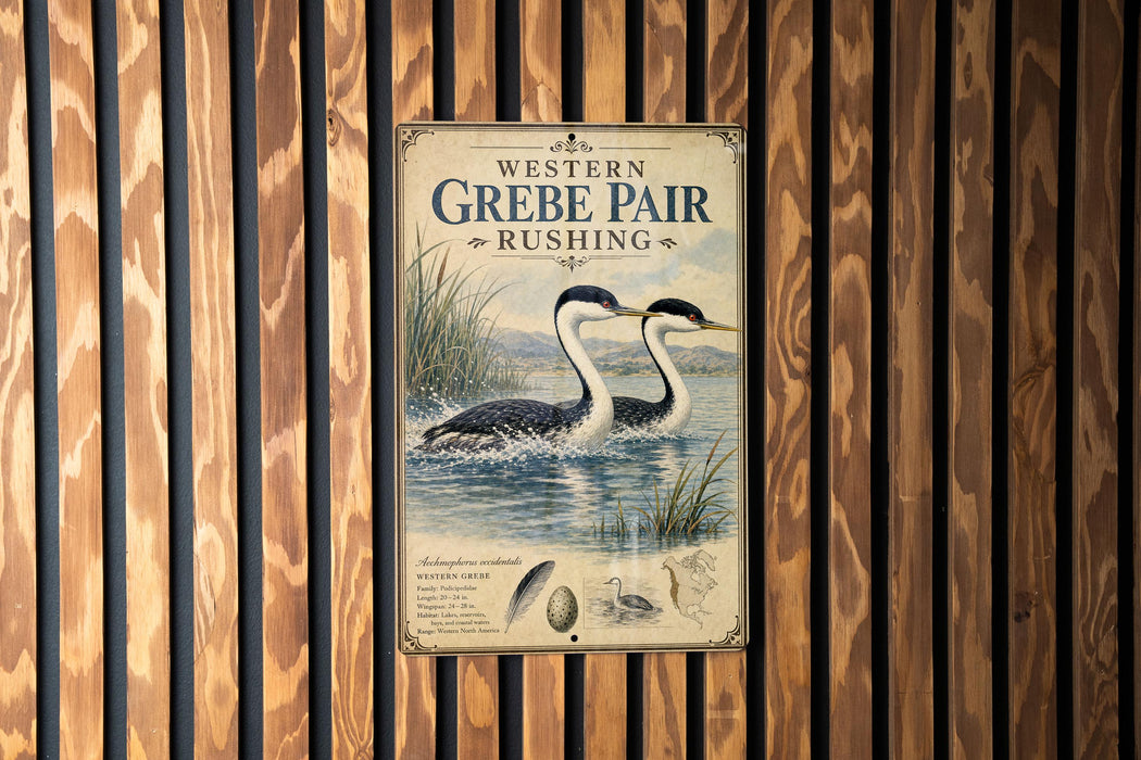 A vintage-style poster advertising Western Grebe, a type of water bird, is displayed on a wooden wall.